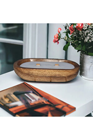 Ahşap Mumlukta Lavanta Kokulu %100 Doğal Soya Mum (23 cm)