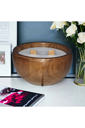 Ahşap Mumlukta Lavanta Kokulu %100 Doğal Soya Mum (13 cm)