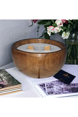 Ahşap Mumlukta Lavanta Kokulu %100 Doğal Soya Mum (13 cm)