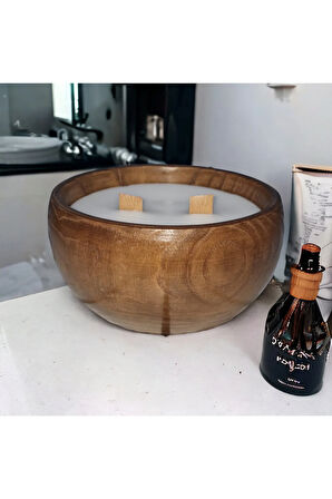 Ahşap Mumlukta Lavanta Kokulu %100 Doğal Soya Mum (13 cm)