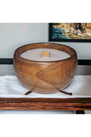 Ahşap Mumlukta Lavanta Kokulu %100 Doğal Soya Mum (11 cm)