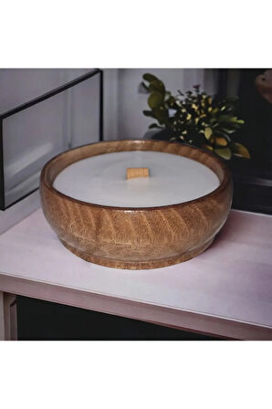 Ahşap Mumlukta Lavanta Kokulu %100 Doğal Soya Mum (11 cm)