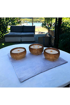 Ahşap Mumlukta Lavanta Kokulu %100 Doğal Soya Mum (3 lü set - 13,11,11 cm)