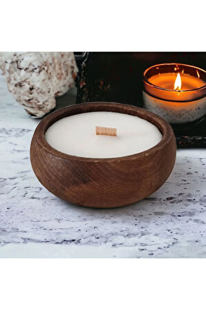 Ahşap Mumlukta Lavanta Kokulu %100 Doğal Soya Mum (9 cm)
