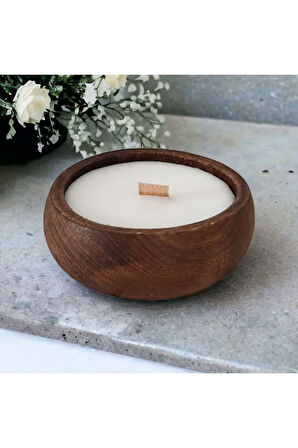 Ahşap Mumlukta Lavanta Kokulu %100 Doğal Soya Mum (9 cm)