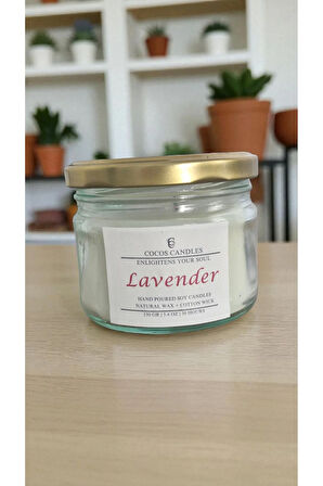 Lavanta Kokulu Doğal Soya Mum, Cam Kavanozda Lavanta Kokulu Soya Wax Mum (330 CC)