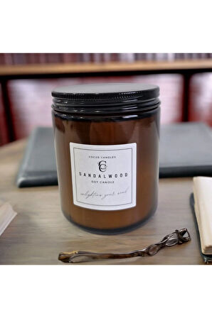 Sandal Kokulu Amber Bardakta %100 Doğal Kokulu Soya Wax Mum (7 cm-Kahverengi-Amber)