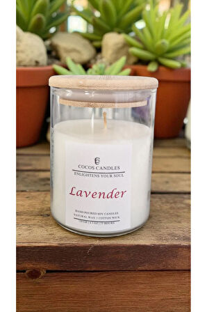 Lavanta Kokulu Bambu Kapaklı Cam Bardakta %100 Doğal Kokulu Soya Wax Mum (6x9 CM-BAMBU)