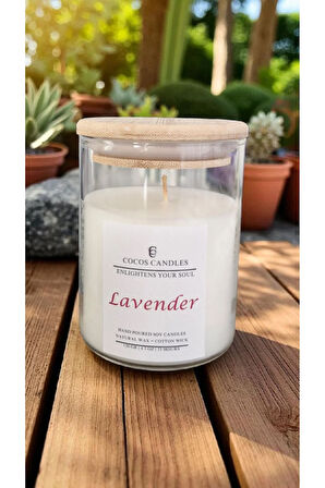 Lavanta Kokulu Bambu Kapaklı Cam Bardakta %100 Doğal Kokulu Soya Wax Mum (6x9 CM-BAMBU)