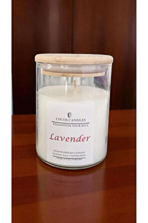 Lavanta Kokulu Bambu Kapaklı Cam Bardakta %100 Doğal Kokulu Soya Wax Mum (6x9 CM-BAMBU)