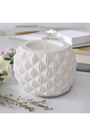 Taş Mumlukta Lavanta Kokulu %100 Doğal Soya Mum - Yuvarlak (9 cm) Çok Çizgili