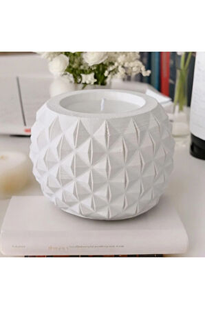 Taş Mumlukta Lavanta Kokulu %100 Doğal Soya Mum - Yuvarlak (9 cm) Çok Çizgili