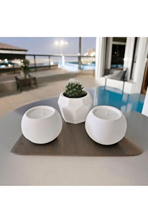Taş Mumlukta Kaktüs ve Mum, Lavanta Kokulu %100 Doğal Soya Mum-Beşgen-Yuv. (7cm,7cm, 8,5cm)- 3lü set