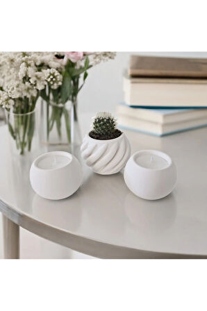 Taş Mumlukta Kaktüs ve Mum,  Lavanta Kokulu %100 Doğal Soya Mum - Spiral- Yuv. (7cm,7cm,9cm)-3lü set
