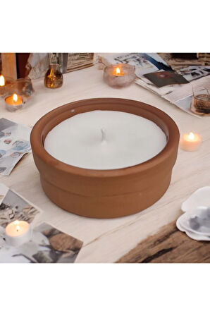 Çömlekte Lavanta Kokulu %100 Doğal Soya Mum - Yuvarlak (7,5 cm - Kahverengi)