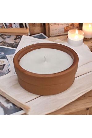 Çömlekte Lavanta Kokulu %100 Doğal Soya Mum - Yuvarlak (7,5 cm - Kahverengi)