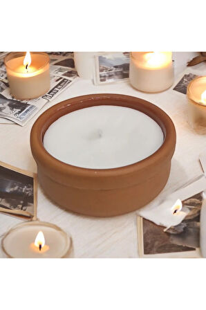 Çömlekte Lavanta Kokulu %100 Doğal Soya Mum - Yuvarlak (9 cm - Kahverengi)