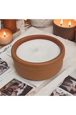 Çömlekte Lavanta Kokulu %100 Doğal Soya Mum - Yuvarlak (9 cm - Kahverengi)