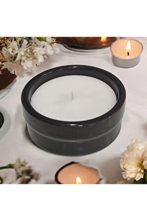 Çömlekte Lavanta Kokulu %100 Doğal Soya Mum - Yuvarlak (8 cm - Siyah)