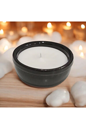 Çömlekte Lavanta Kokulu %100 Doğal Soya Mum - Yuvarlak (10 cm - Siyah)