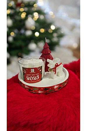 Yılbaşı Mum Set (Geyik, Çam, Kar Tanesi, Yuvarlak Taş Tepsi)