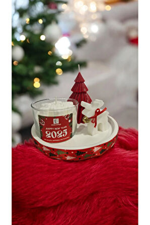 Yılbaşı Mum Set (Geyik, Çam, Kar Tanesi, Yuvarlak Taş Tepsi)