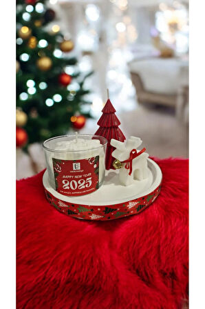 Yılbaşı Mum Set (Geyik, Çam, Kar Tanesi, Yuvarlak Taş Tepsi)