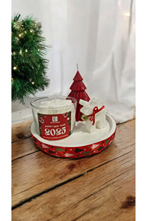 Yılbaşı Mum Set (Geyik, Çam, Kar Tanesi, Yuvarlak Taş Tepsi)