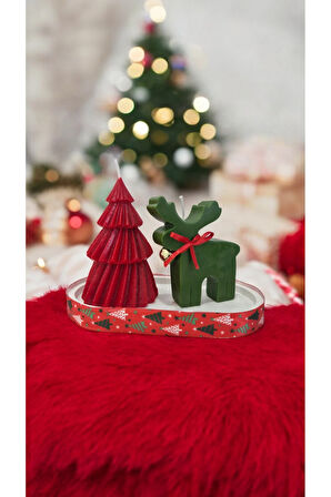 Yılbaşı Mum Set - Yeşil Geyik, Kırmızı Çam, Beyaz Taş Tepsi