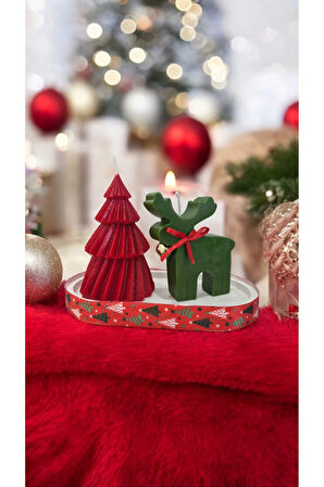 Yılbaşı Mum Set - Yeşil Geyik, Kırmızı Çam, Beyaz Taş Tepsi