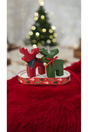 Yılbaşı Mum Set - Kırmızı Geyik, Yeşil Geyik, Beyaz Taş Tepsi
