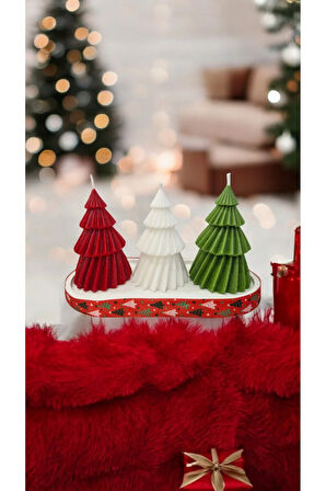 Yılbaşı Mum Set - Kırmızı Çam, Beyaz Çam, Yeşil Çam, Beyaz Taş Tepsi