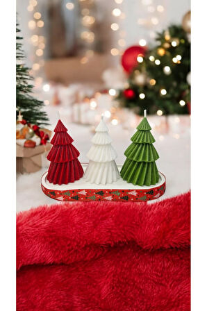 Yılbaşı Mum Set - Kırmızı Çam, Beyaz Çam, Yeşil Çam, Beyaz Taş Tepsi