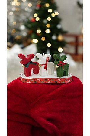 Yılbaşı Mum Set - Kırmızı Geyik, Yeşil Geyik, Beyaz Geyik, Beyaz Taş Tepsi