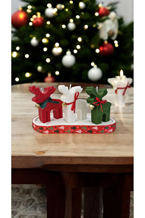 Yılbaşı Mum Set - Kırmızı Geyik, Yeşil Geyik, Beyaz Geyik, Beyaz Taş Tepsi