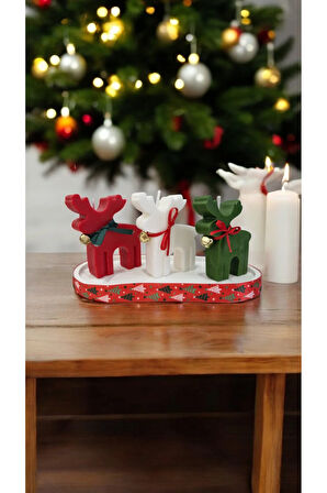 Yılbaşı Mum Set - Kırmızı Geyik, Yeşil Geyik, Beyaz Geyik, Beyaz Taş Tepsi
