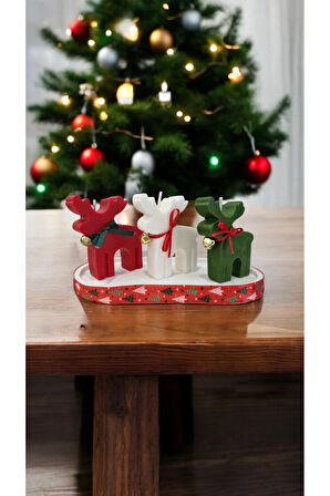 Yılbaşı Mum Set - Kırmızı Geyik, Yeşil Geyik, Beyaz Geyik, Beyaz Taş Tepsi
