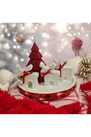 Yılbaşı Mum Set - Kırmızı Çam, Küçük Beyaz Geyik (3 adet), Beyaz Taş Tepsi