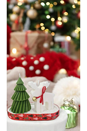 Yılbaşı Mum Set - Yeşil Çam, Beyaz Geyik, Beyaz Taş Tepsi