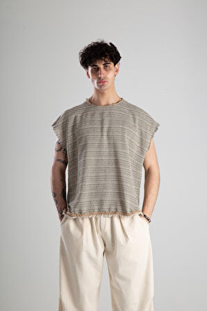 Hasır Detaylı Sıfır Kol Bohem T-Shirt