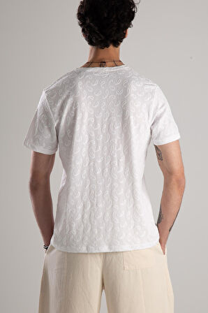 Jakarlı Beyaz Örme T-Shirt