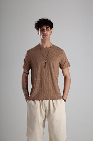 Jakarlı Kahve Örme T-Shirt