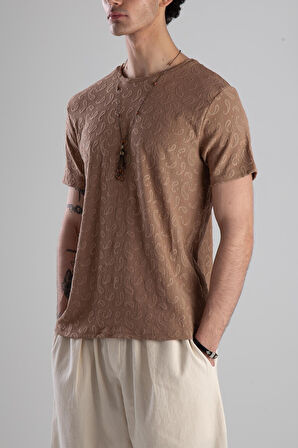 Jakarlı Kahve Örme T-Shirt