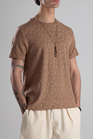 Jakarlı Kahve Örme T-Shirt