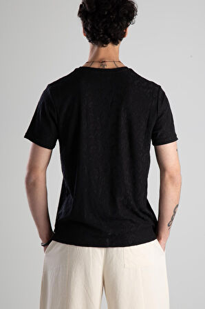 Jakarlı Siyah Örme T-Shirt