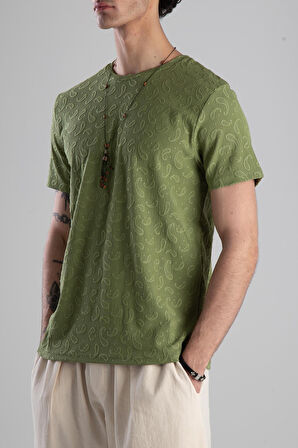 Jakarlı Yeşil Örme T-Shirt