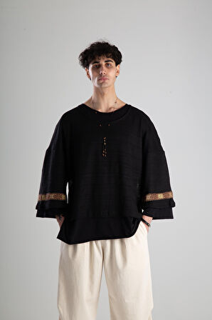 Kendinen T-Shirt Fakir Kol Siyah Örme Triko