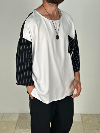 Fakir Kol Viscon Siyah Beyaz Oversize T-Shirt