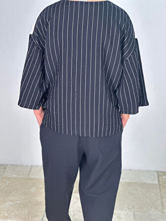 Fakir Kol Viscon Siyah Beyaz Oversize T-Shirt