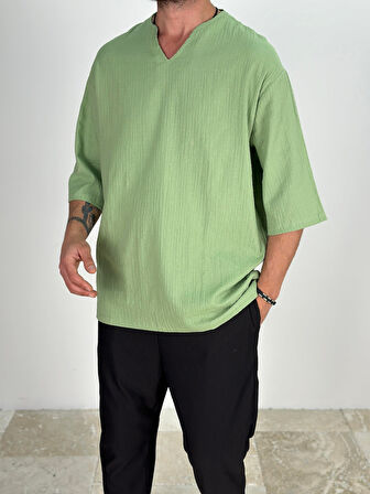 Müslin Kumaş Fakir Kol Yeşil T-Shirt
